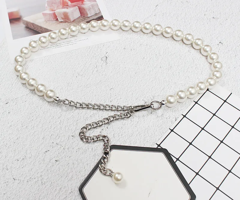 Retro Multi-layer Woven Waist Chain Metal Chain Leather Stitching Fashion Temperament Pearl Belt Women