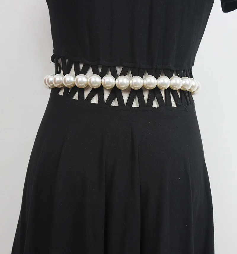 Retro Multi-layer Woven Waist Chain Metal Chain Leather Stitching Fashion Temperament Pearl Belt Women