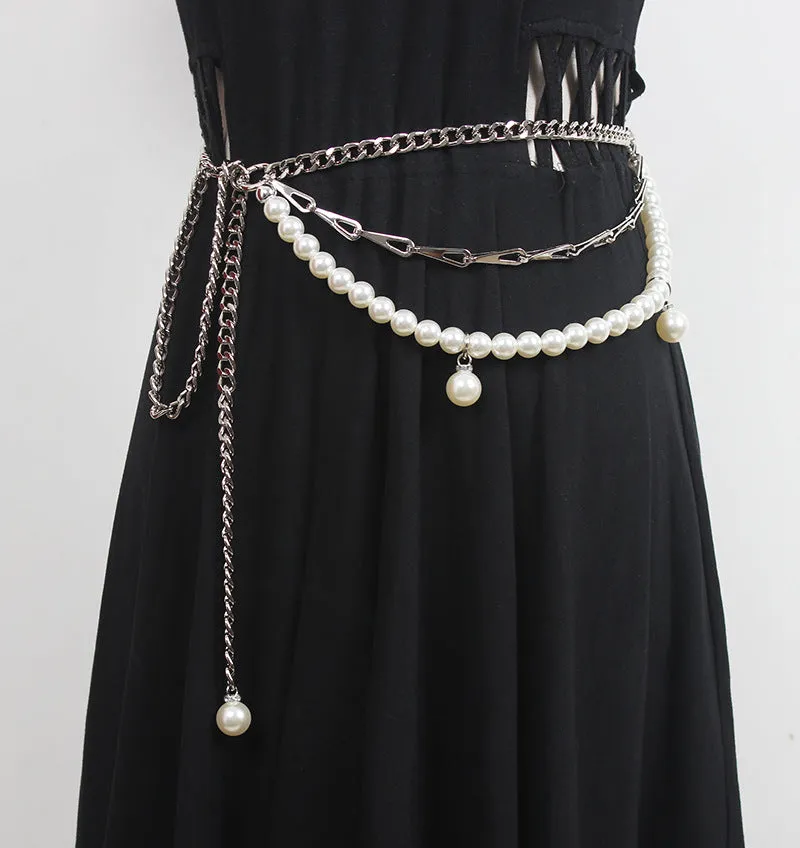 Retro Multi-layer Woven Waist Chain Metal Chain Leather Stitching Fashion Temperament Pearl Belt Women