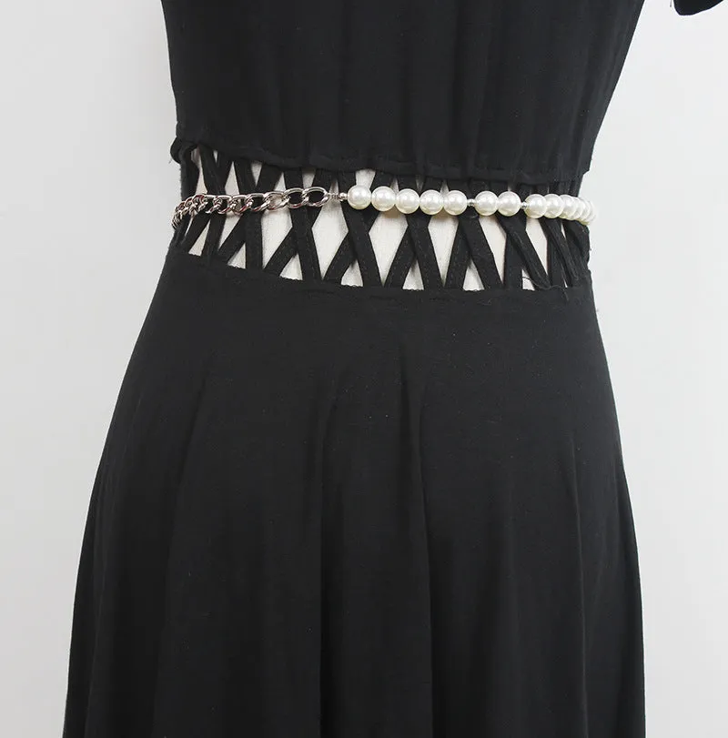 Retro Multi-layer Woven Waist Chain Metal Chain Leather Stitching Fashion Temperament Pearl Belt Women