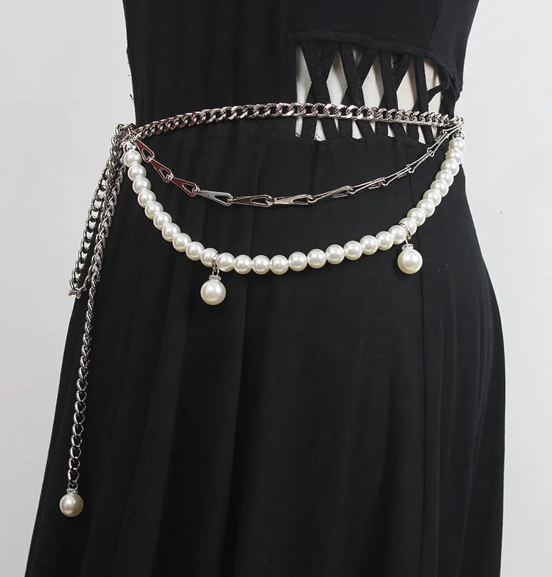 Retro Multi-layer Woven Waist Chain Metal Chain Leather Stitching Fashion Temperament Pearl Belt Women