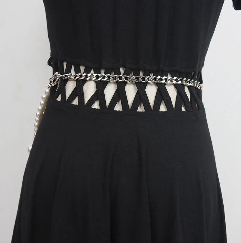 Retro Multi-layer Woven Waist Chain Metal Chain Leather Stitching Fashion Temperament Pearl Belt Women