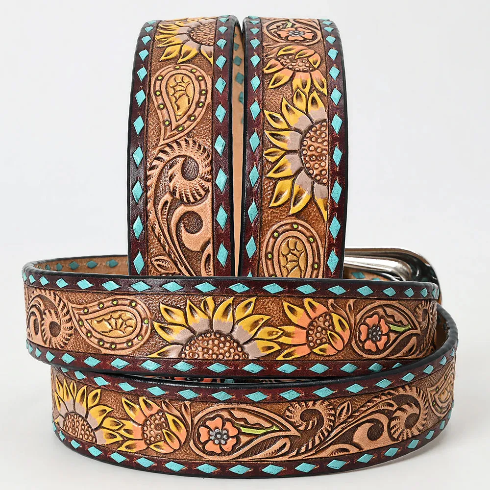 Sunflower Buck Stitch Hand Tooled Leather Belt