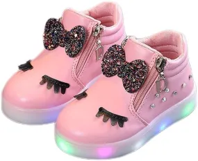 Toddler Girls Light Up Boots Cute Crystal Bowknot Shoes LED Luminous Non-Slip Soft Boots with Side Zipper