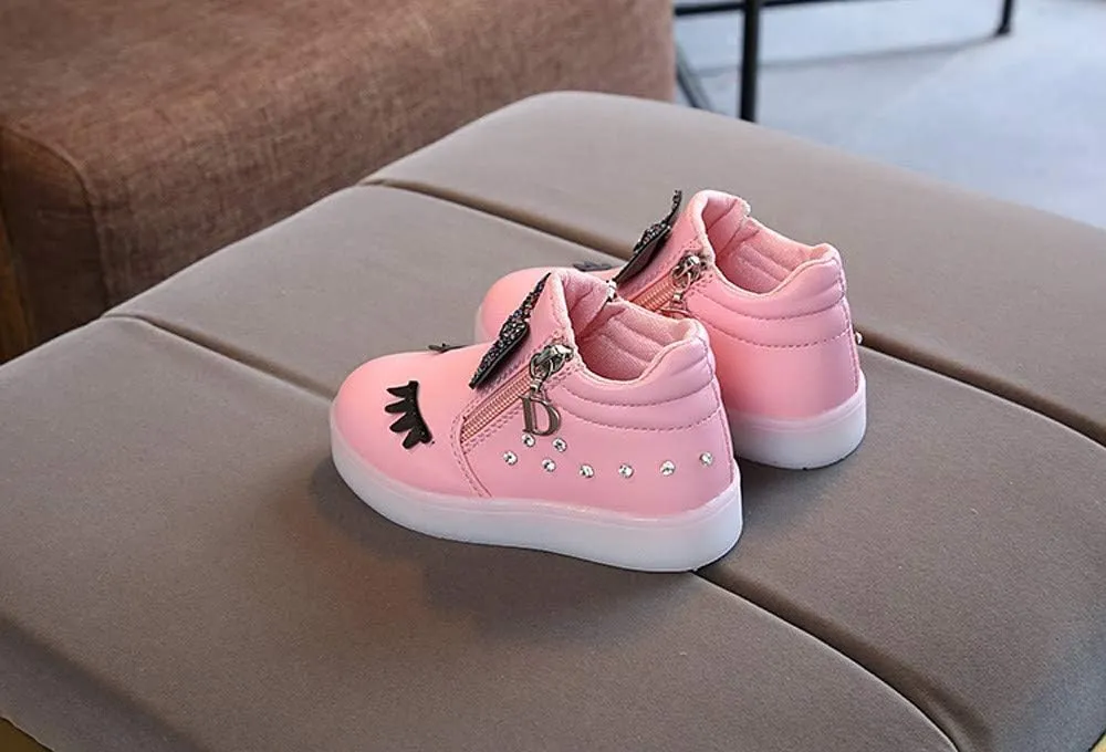 Toddler Girls Light Up Boots Cute Crystal Bowknot Shoes LED Luminous Non-Slip Soft Boots with Side Zipper