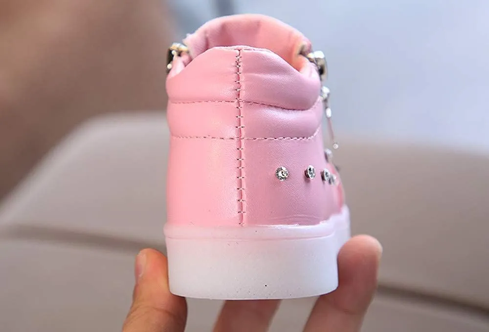 Toddler Girls Light Up Boots Cute Crystal Bowknot Shoes LED Luminous Non-Slip Soft Boots with Side Zipper