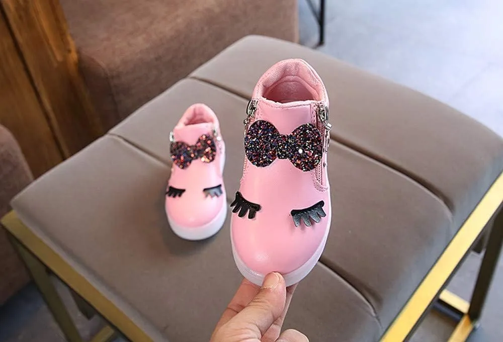 Toddler Girls Light Up Boots Cute Crystal Bowknot Shoes LED Luminous Non-Slip Soft Boots with Side Zipper