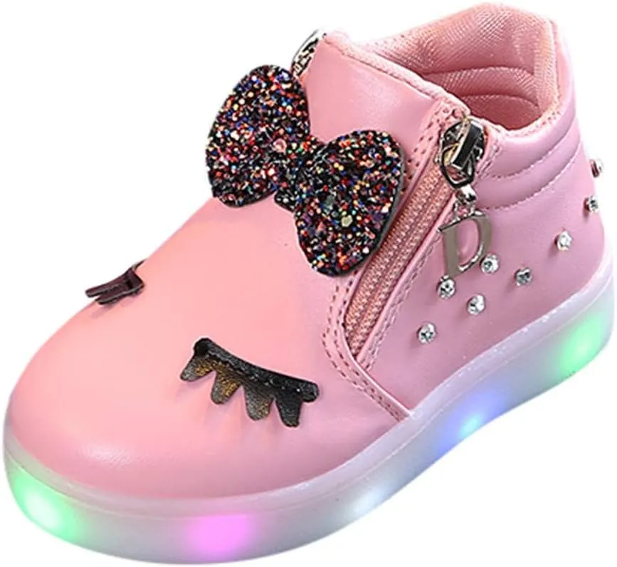 Toddler Girls Light Up Boots Cute Crystal Bowknot Shoes LED Luminous Non-Slip Soft Boots with Side Zipper