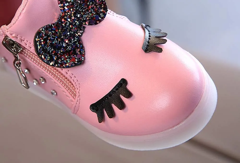 Toddler Girls Light Up Boots Cute Crystal Bowknot Shoes LED Luminous Non-Slip Soft Boots with Side Zipper