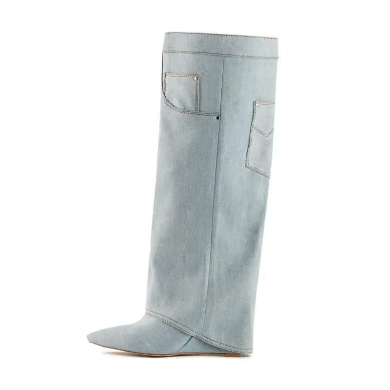Trend4us Women's Denim Knee-High Boots