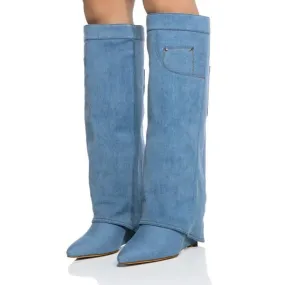 Trend4us Women's Denim Knee-High Boots