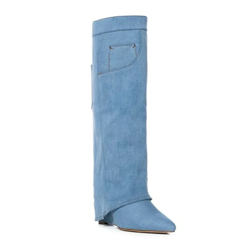 Trend4us Women's Denim Knee-High Boots
