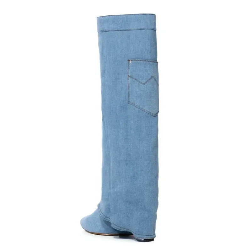 Trend4us Women's Denim Knee-High Boots