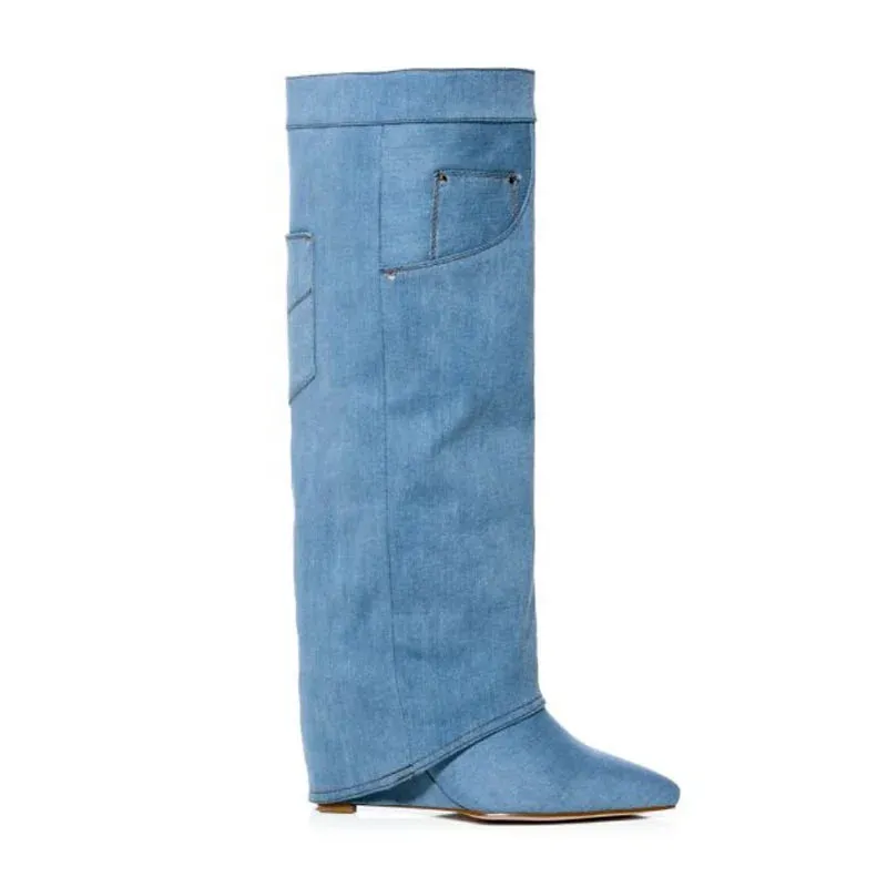 Trend4us Women's Denim Knee-High Boots
