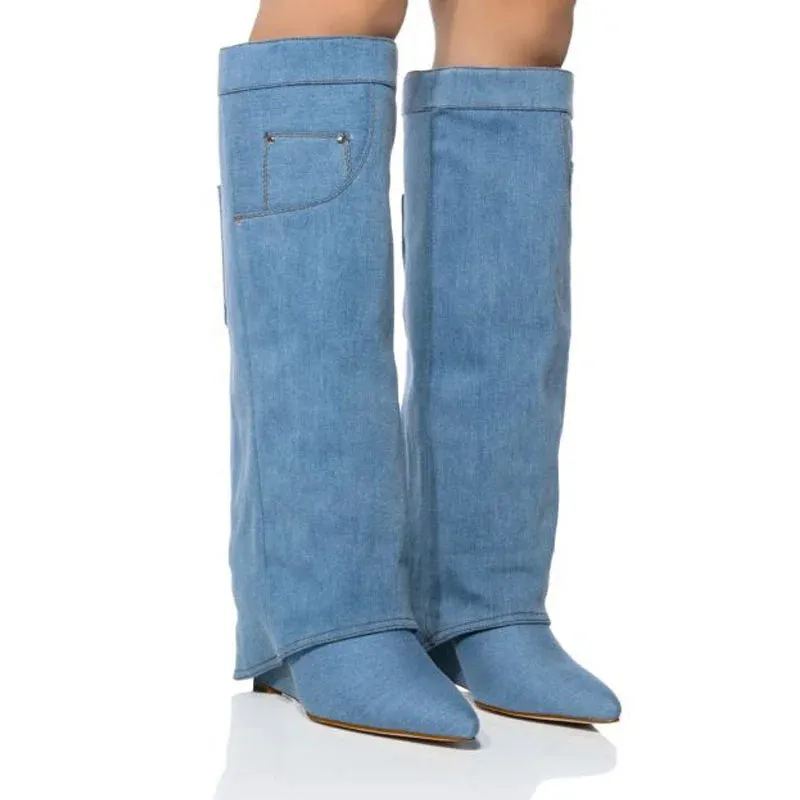 Trend4us Women's Denim Knee-High Boots