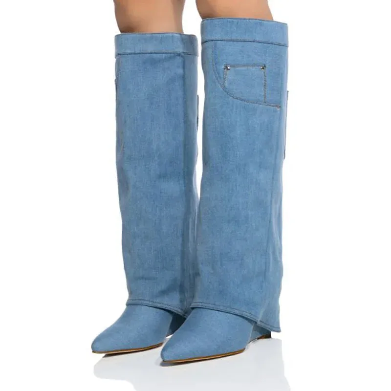 Trend4us Women's Denim Knee-High Boots