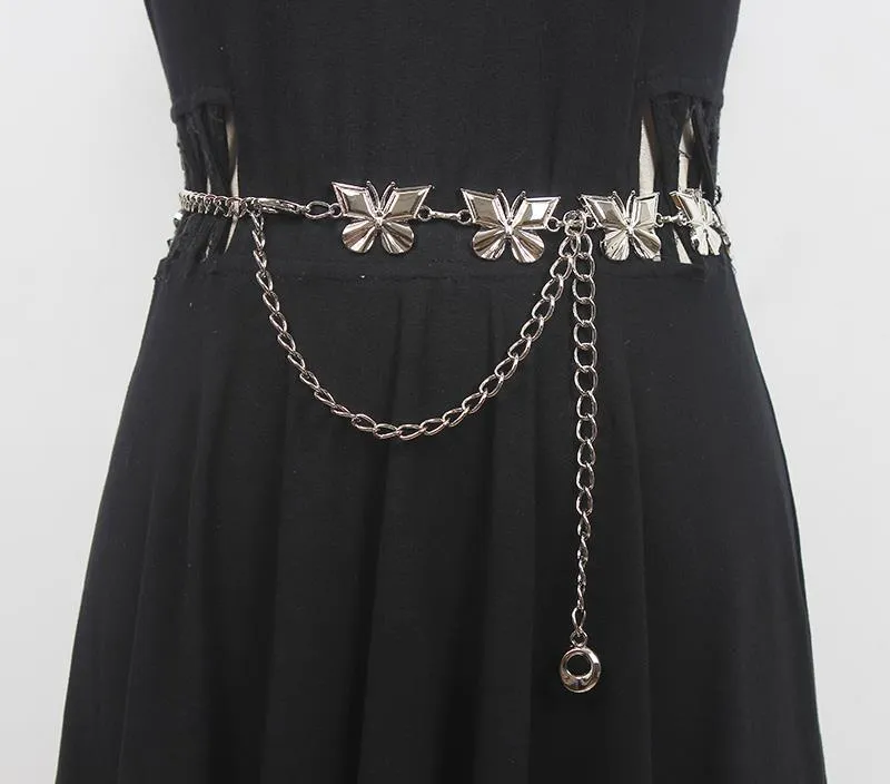 Vintage Fashion Punk Women Metal Butterfly Tassel Chain Waist Chain Belt