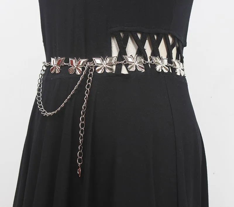 Vintage Fashion Punk Women Metal Butterfly Tassel Chain Waist Chain Belt
