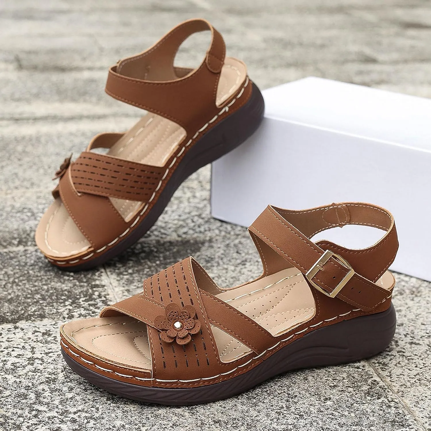 Women Comfortable Sandals Comfortable Wedge Platform Walking Sandals Orthopedic Arch Support Sandal Dressy Casual Open Toe Sandal with Adjustable Hook Loop