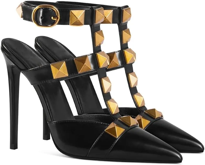 Women Studded T Strap Stilettos Pointed Toe Ankle Strap Mule Summer Sandals with Chic Rivets