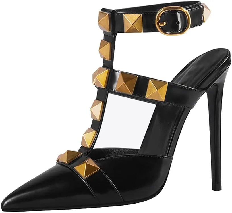 Women Studded T Strap Stilettos Pointed Toe Ankle Strap Mule Summer Sandals with Chic Rivets
