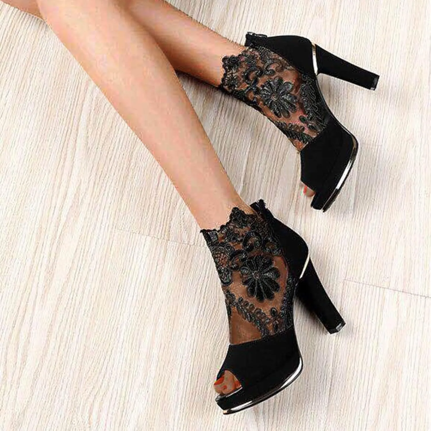 Womens Flowers Lace Mesh Heeled Sandals 2022 Novelty Fashion Fish Mouth Open Toe Back Zipper Chunky Thick High Heels Elegant Dancing Shoes Ankle Bootie