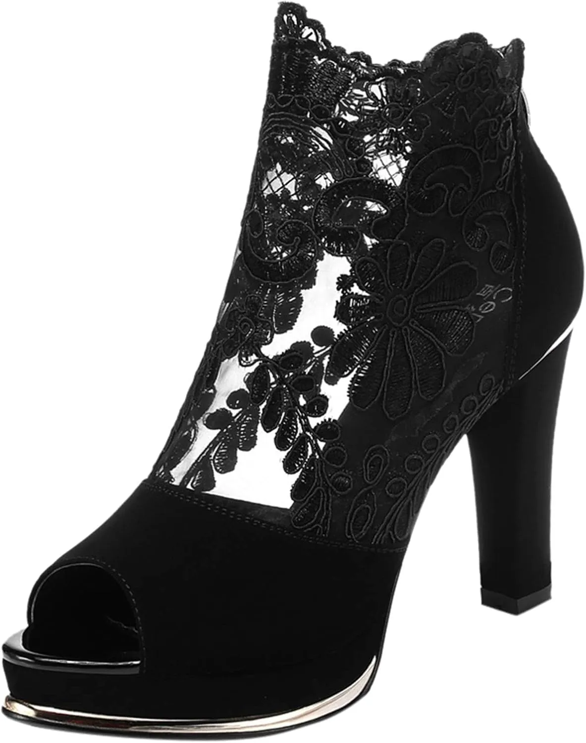 Womens Flowers Lace Mesh Heeled Sandals 2022 Novelty Fashion Fish Mouth Open Toe Back Zipper Chunky Thick High Heels Elegant Dancing Shoes Ankle Bootie