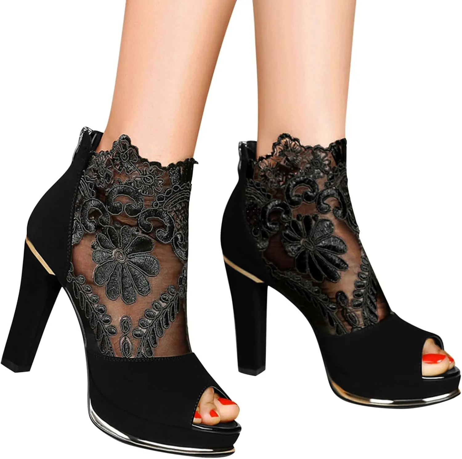 Womens Flowers Lace Mesh Heeled Sandals 2022 Novelty Fashion Fish Mouth Open Toe Back Zipper Chunky Thick High Heels Elegant Dancing Shoes Ankle Bootie