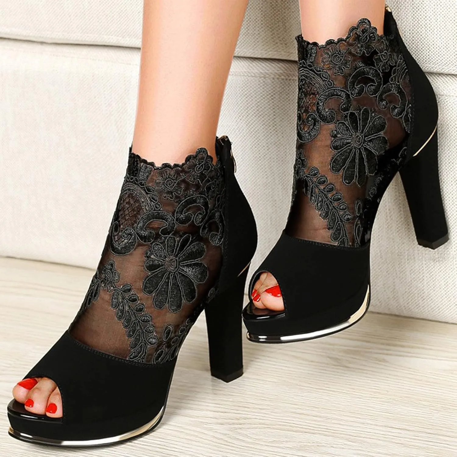 Womens Flowers Lace Mesh Heeled Sandals 2022 Novelty Fashion Fish Mouth Open Toe Back Zipper Chunky Thick High Heels Elegant Dancing Shoes Ankle Bootie