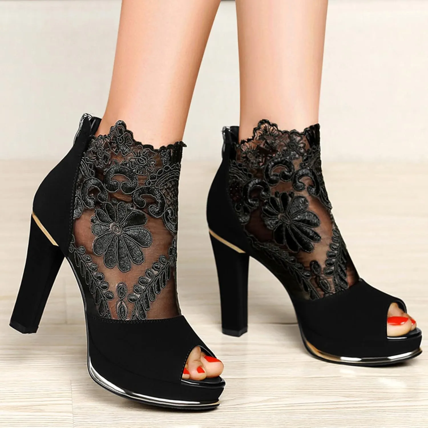 Womens Flowers Lace Mesh Heeled Sandals 2022 Novelty Fashion Fish Mouth Open Toe Back Zipper Chunky Thick High Heels Elegant Dancing Shoes Ankle Bootie