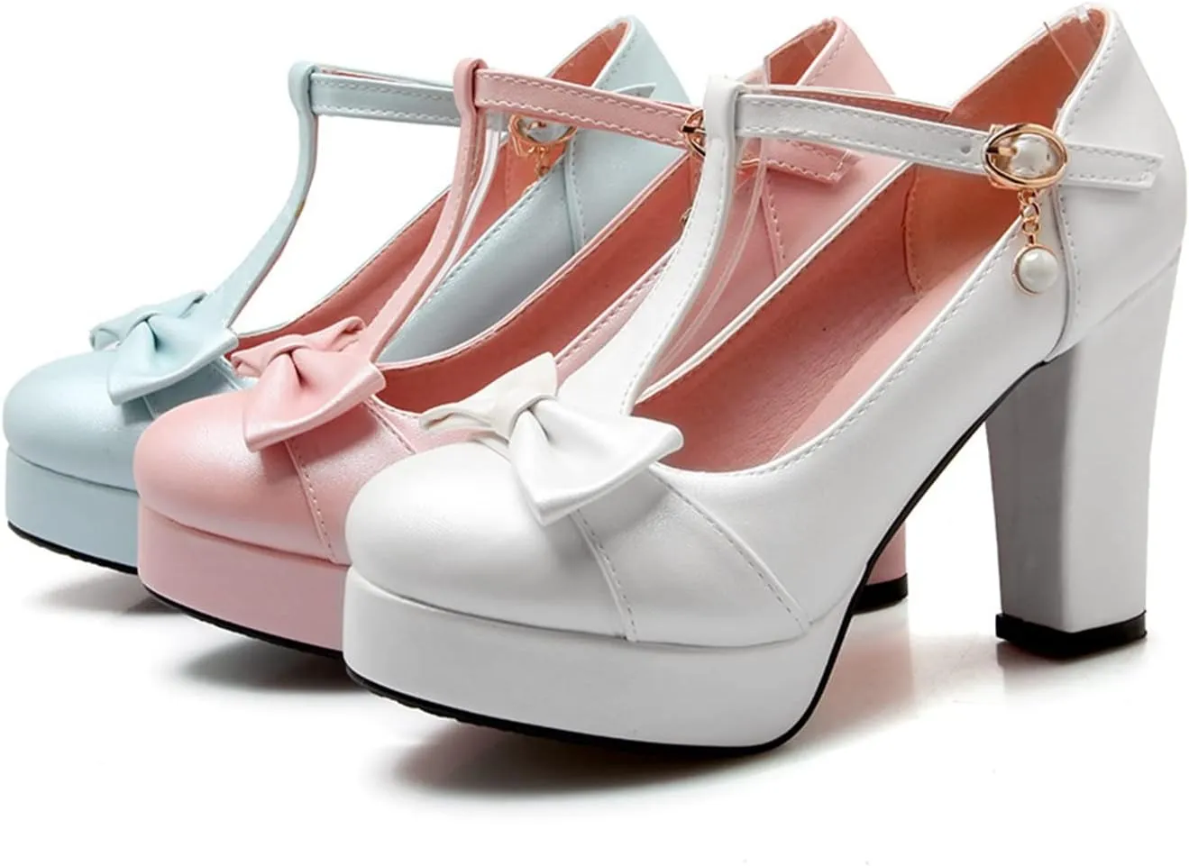Women's T-Strap Platform Dress Pumps Round Toe Mary Jane Chic Sweet Bow Chunky Block High Heel Shoes