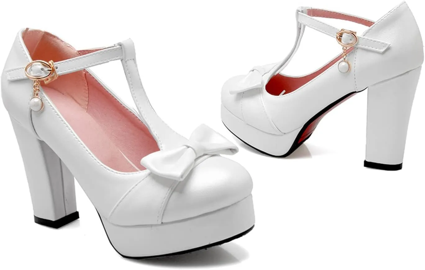Women's T-Strap Platform Dress Pumps Round Toe Mary Jane Chic Sweet Bow Chunky Block High Heel Shoes
