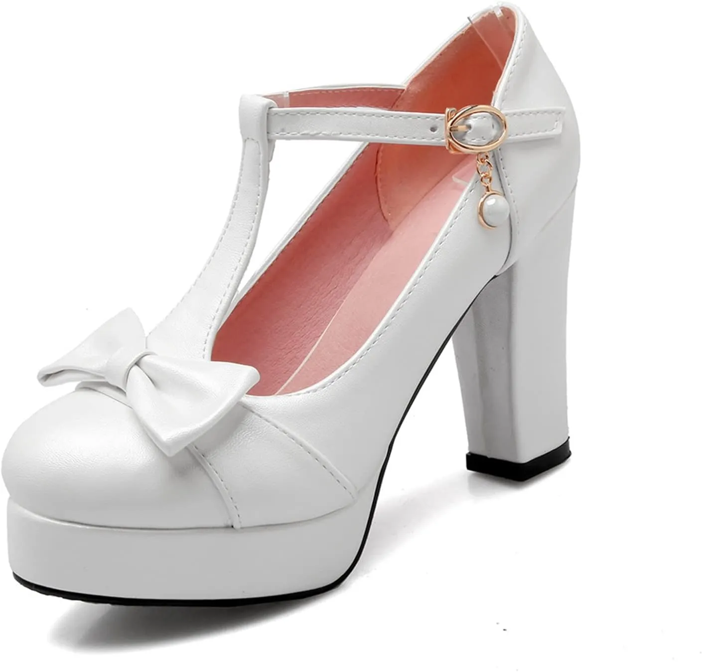 Women's T-Strap Platform Dress Pumps Round Toe Mary Jane Chic Sweet Bow Chunky Block High Heel Shoes