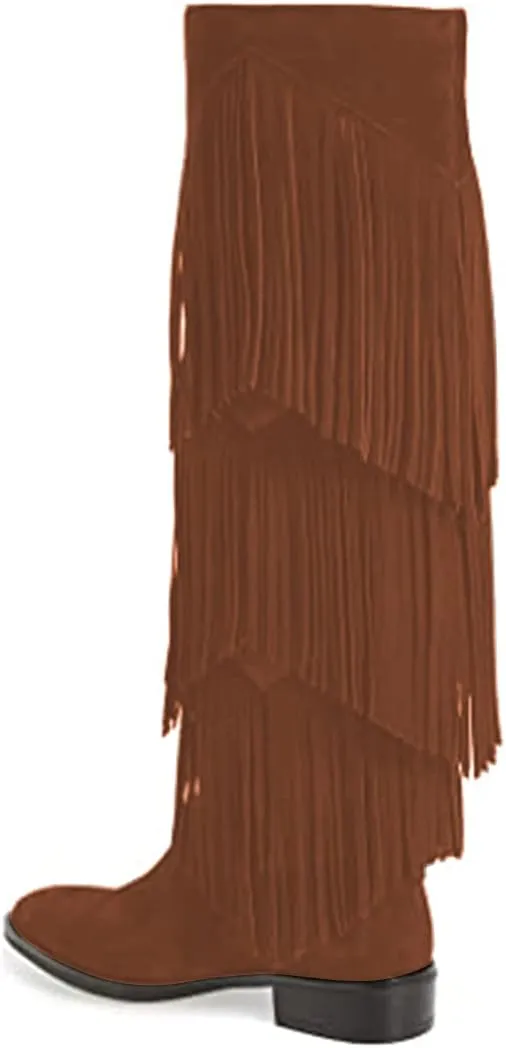 YDN Women Chic Fringes Knee High Riding Boots Round Toe Stacked Low Heels Suede Winter Shoes 4-15 US
