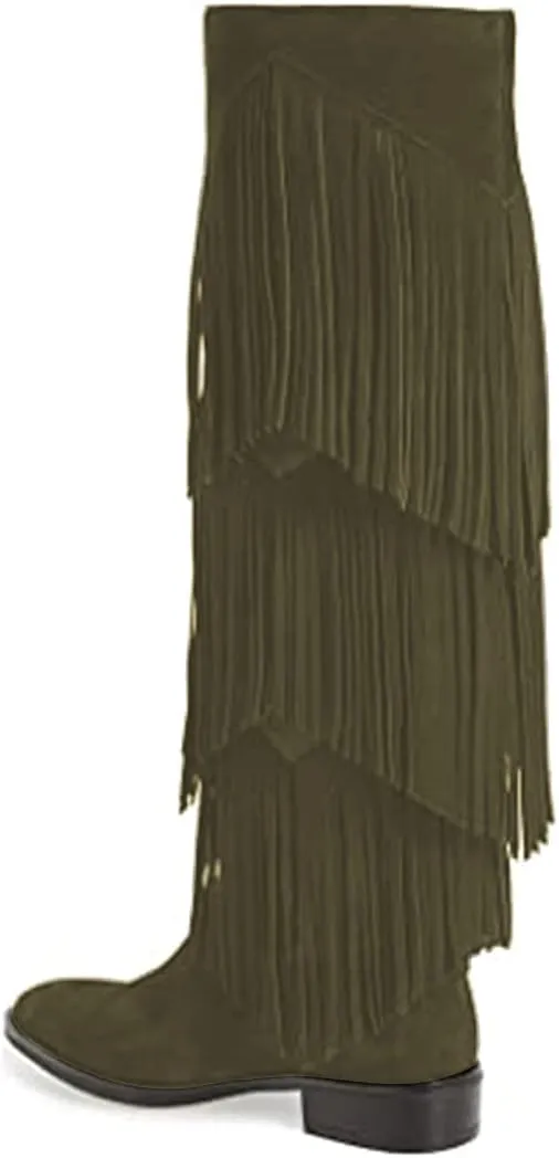 YDN Women Chic Fringes Knee High Riding Boots Round Toe Stacked Low Heels Suede Winter Shoes 4-15 US
