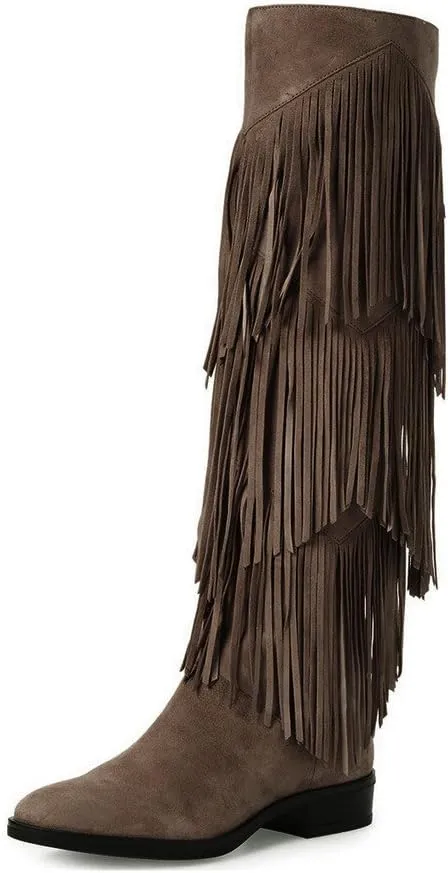 YDN Women Chic Fringes Knee High Riding Boots Round Toe Stacked Low Heels Suede Winter Shoes 4-15 US