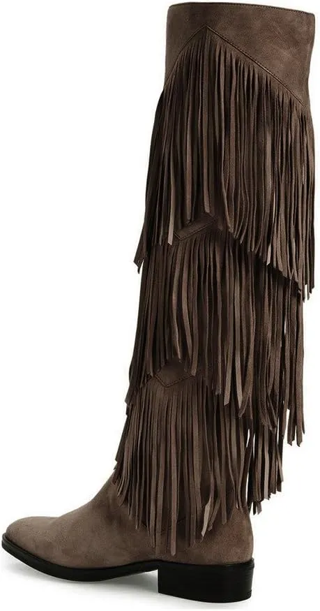 YDN Women Chic Fringes Knee High Riding Boots Round Toe Stacked Low Heels Suede Winter Shoes 4-15 US