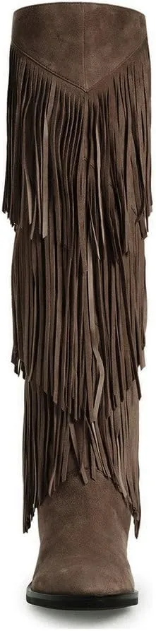 YDN Women Chic Fringes Knee High Riding Boots Round Toe Stacked Low Heels Suede Winter Shoes 4-15 US