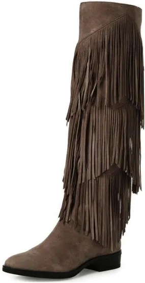 YDN Women Chic Fringes Knee High Riding Boots Round Toe Stacked Low Heels Suede Winter Shoes 4-15 US