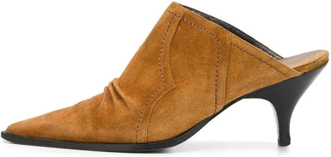 YDN Women Chic Slip On Low Heel Mules Pumps Pointed Toe Loafers Kitten Sandals Suede Comfort Sexy Shoes